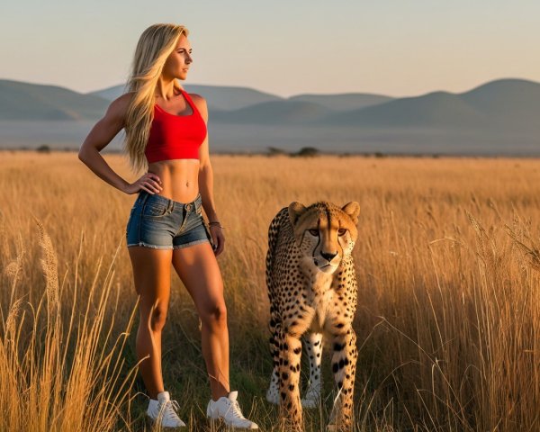 Confident Woman and Cheetah in Sunset Grassland