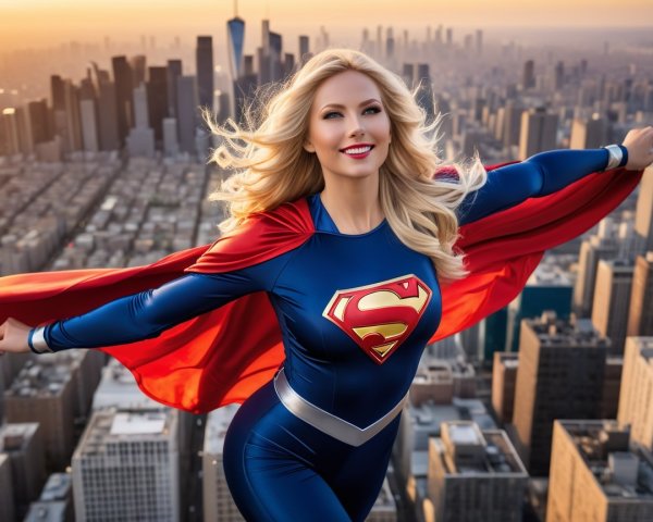 Confident Woman in Superhero Suit Overlooking City Skyline