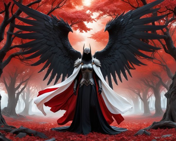 Majestic Figure in Vibrant Red Foliage Forest Scene