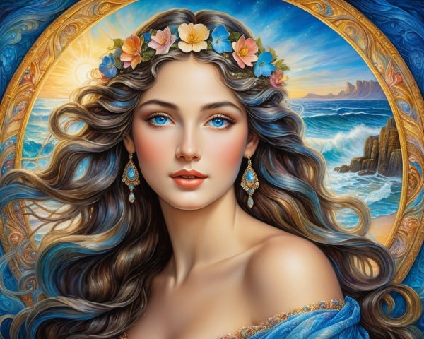 Young Woman with Floral Crown in Seascape Setting