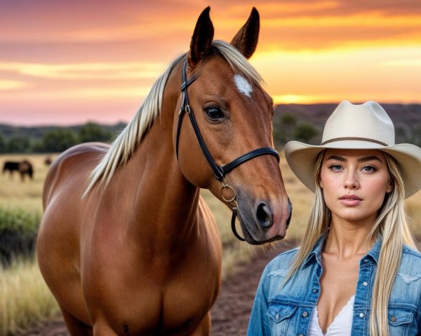 Blonde Woman and Chestnut Horse at Sunset Scene