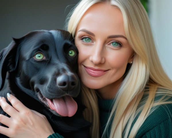 Cheerful woman and playful black dog indoors