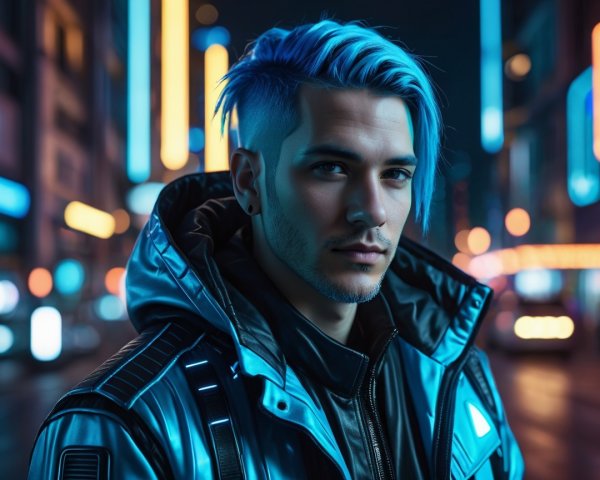 Young man with blue hair in futuristic cityscape