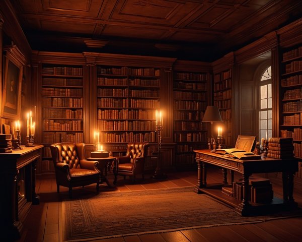 Cozy Dimly Lit Library with Leather Armchairs and Books