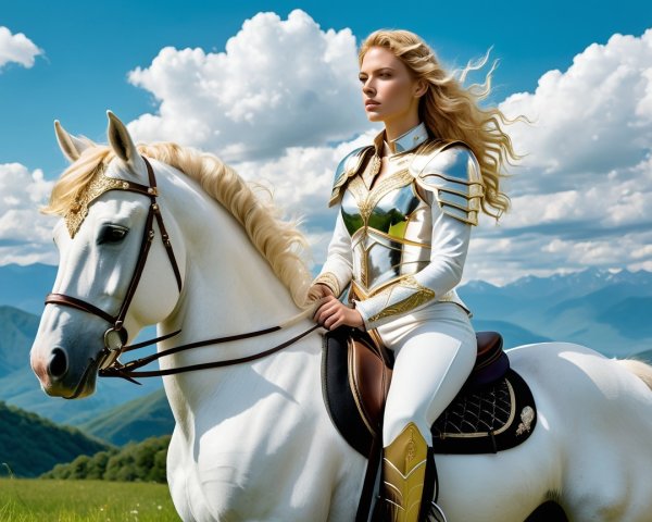 Regal figure on white horse in fantasy landscape