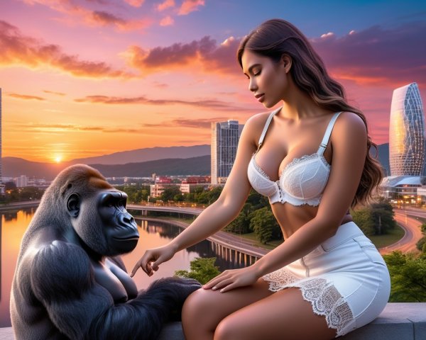 Sunset Over City Skyline with Woman and Gorilla Interaction