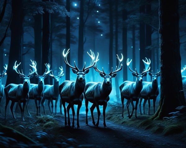Majestic deer with luminous antlers in a blue forest