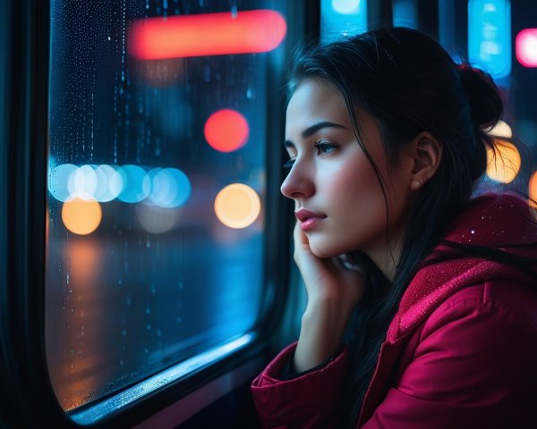 Young woman in contemplation on a bus during rain