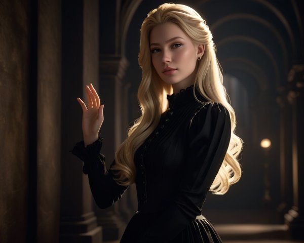 Young Woman in Elegant Black Gown in Ornate Setting