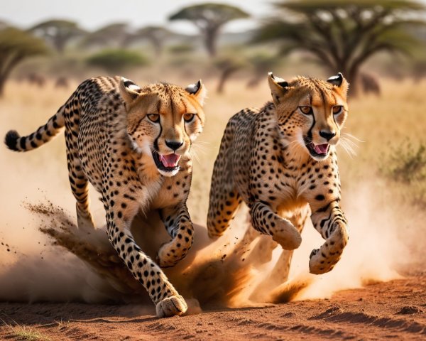 Cheetahs Sprinting Across African Savanna Landscape
