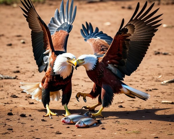 Eagles Confrontation with Caught Fish on Sandy Ground