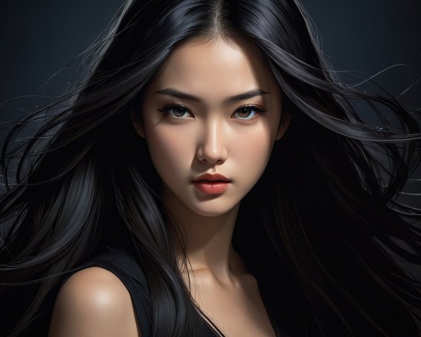 Portrait of a Young Woman with Flowing Black Hair