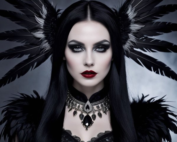 Elegant figure with black hair and dramatic accessories