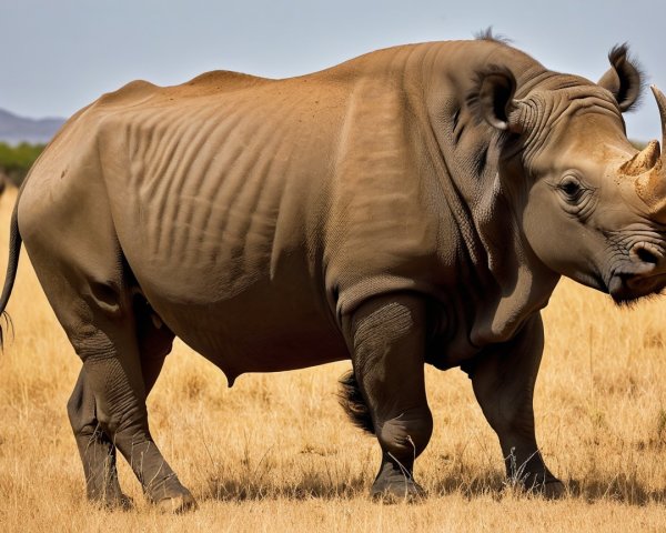 Rhinoceros in Grassland Under Clear Blue Sky