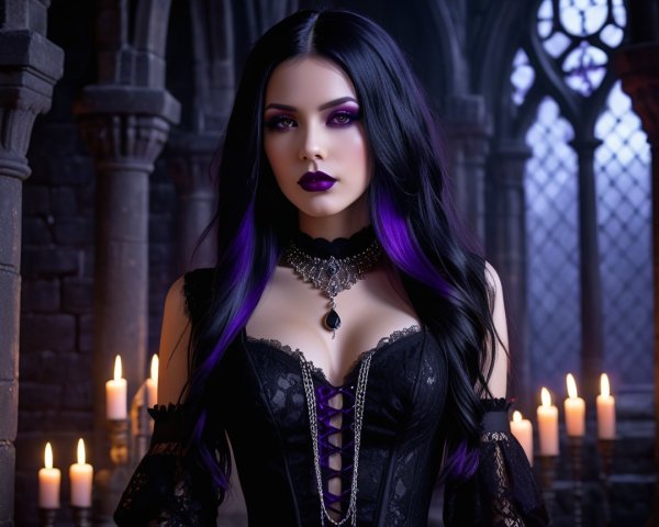 Young Woman in Gothic Setting with Candlelight and Lace