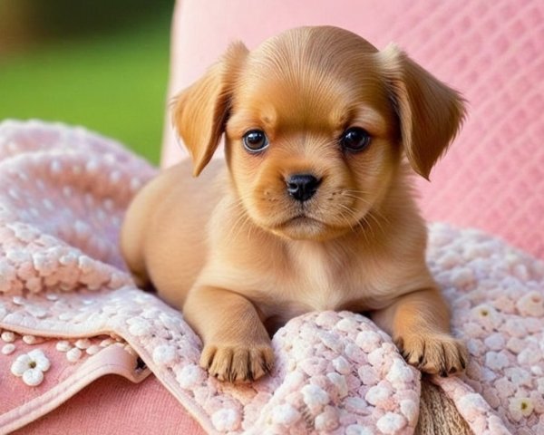 Fluffy Puppy Relaxing on Pink Floral Blanket