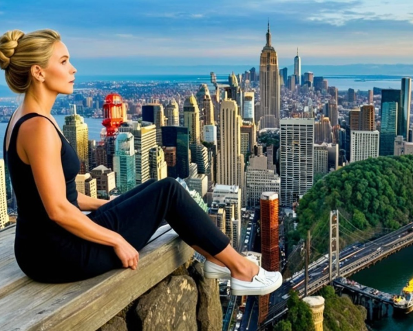 Woman on Ledge Overlooking Vibrant Cityscape