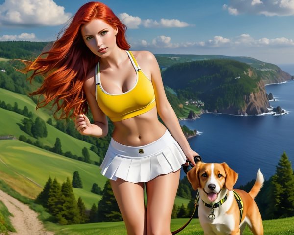 Woman with Red Hair Walking Beagle in Scenic Landscape