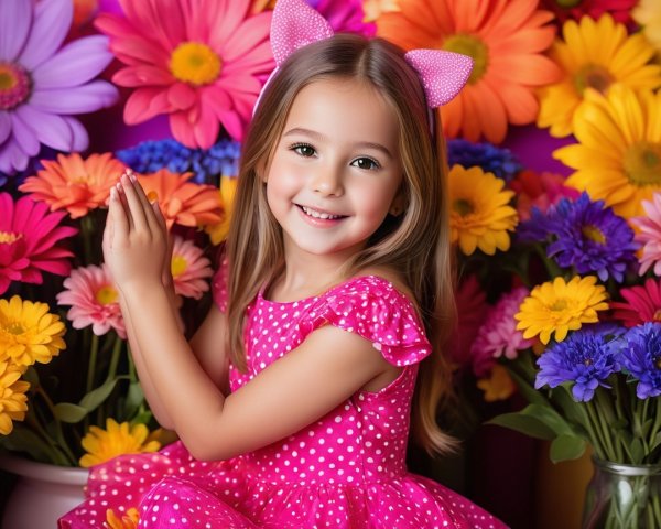 Cheerful girl in pink dress among colorful flowers