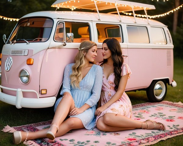 Young women in dresses beside a vintage pink van