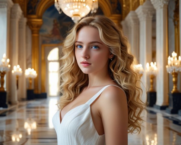 Elegant Woman in White Gown in Ornate Hall Setting