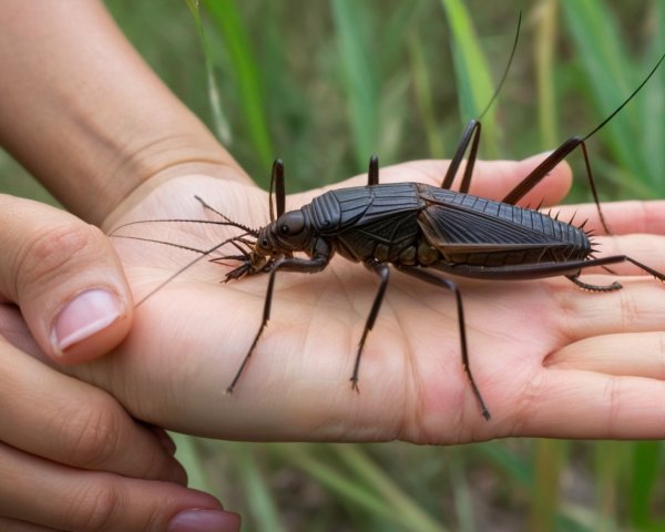 Detailed Close-Up of a Dark Brown Cricket in Hand