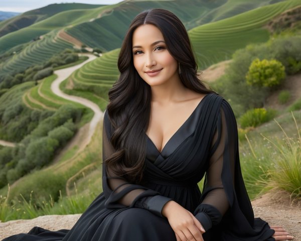 Elegant woman in black gown on grassy hillside