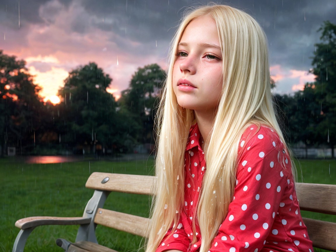 Girl with Blonde Hair on Bench in Rainy Park