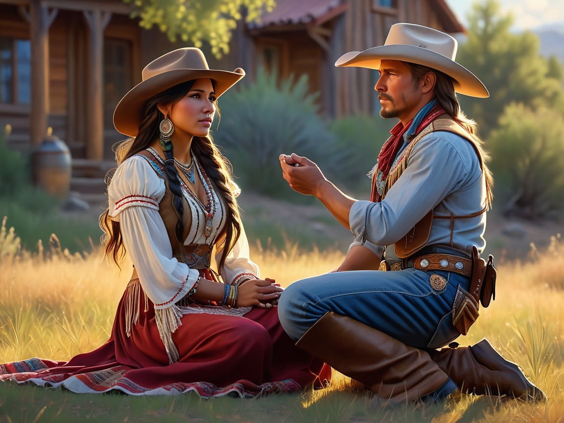 Cowboy and Woman in Traditional Attire in Outdoor Scene