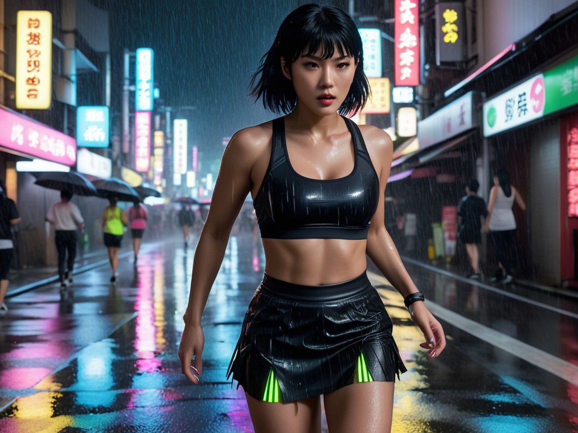 Woman Running in Neon-Lit Rainy Urban Street