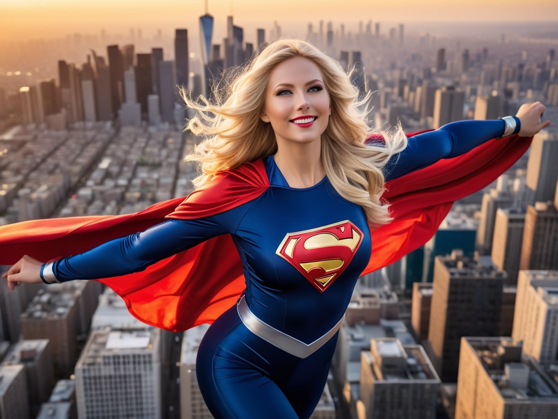 Confident Woman in Superhero Suit Overlooking City Skyline