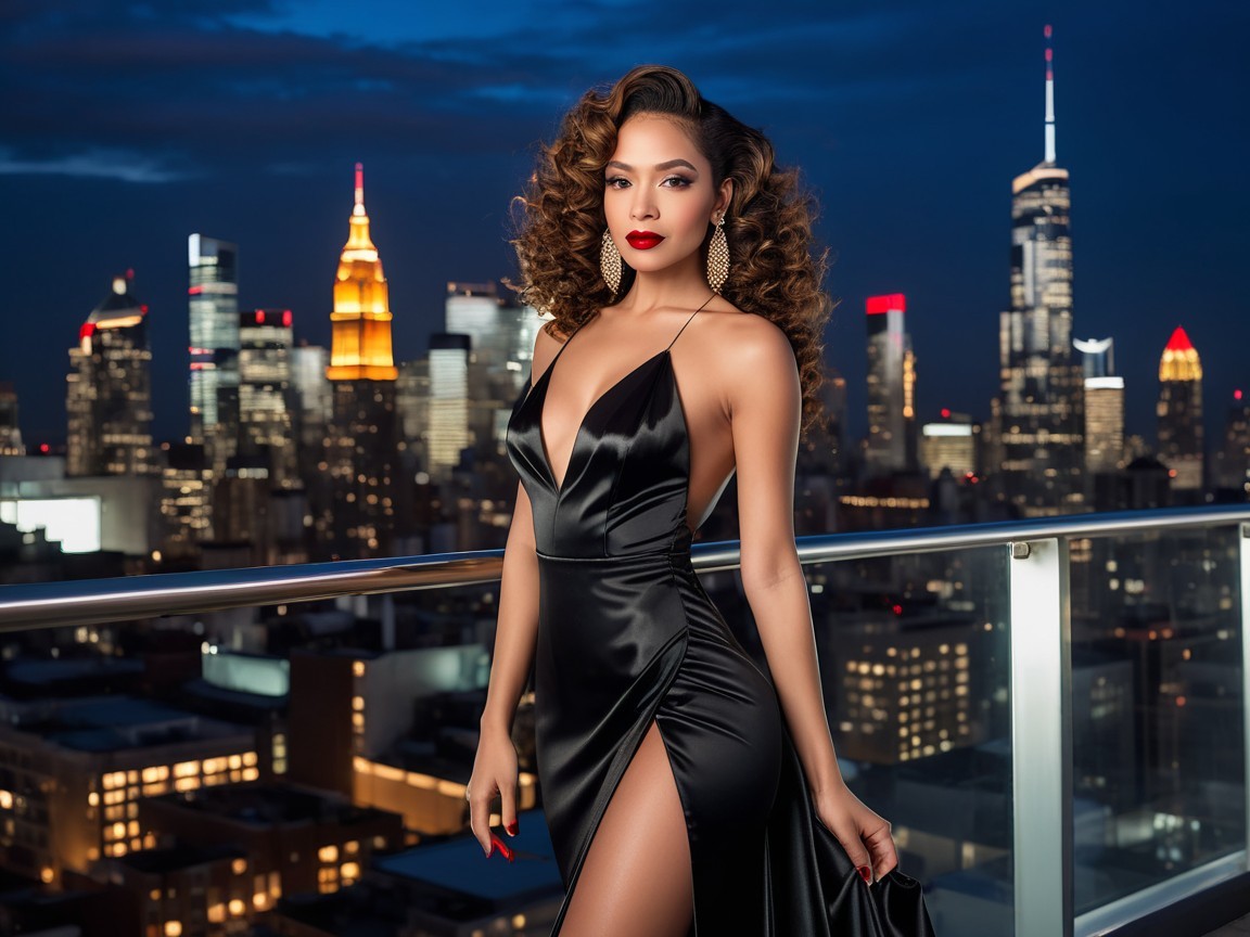 Glamorous Woman in Black Gown Against City Skyline