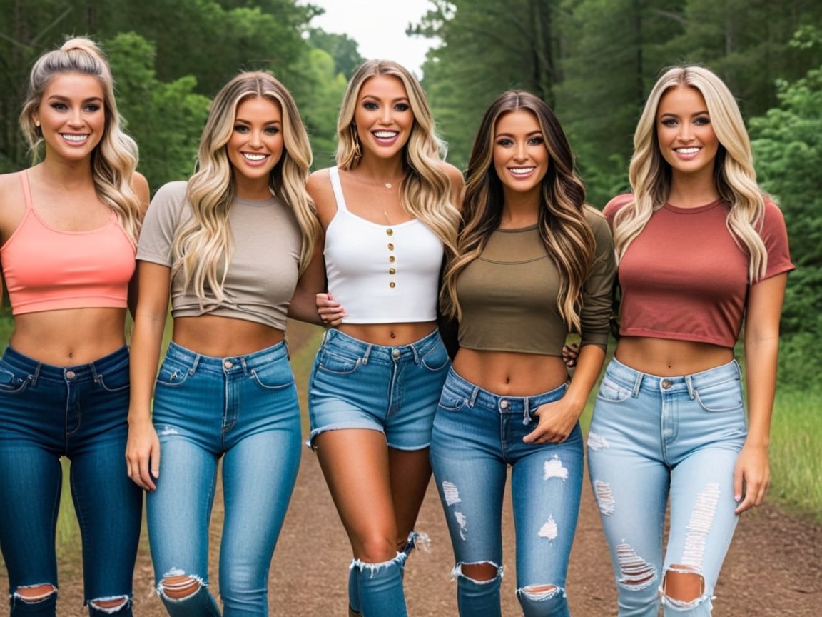 Young women in stylish outfits on a green path