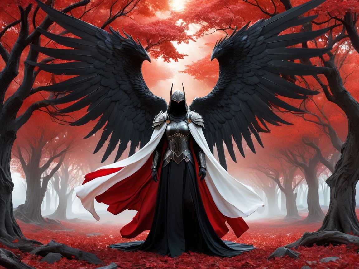 Majestic Figure in Vibrant Red Foliage Forest Scene