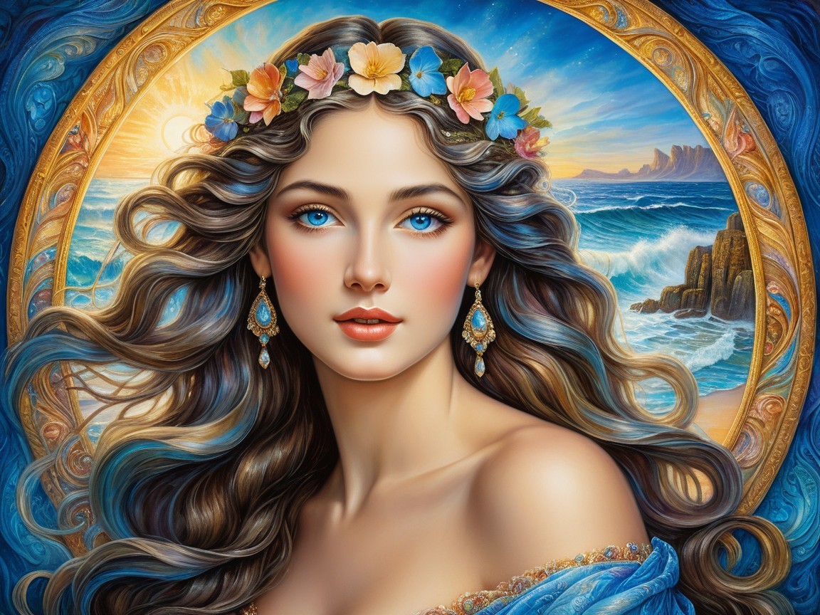Young Woman with Floral Crown in Seascape Setting