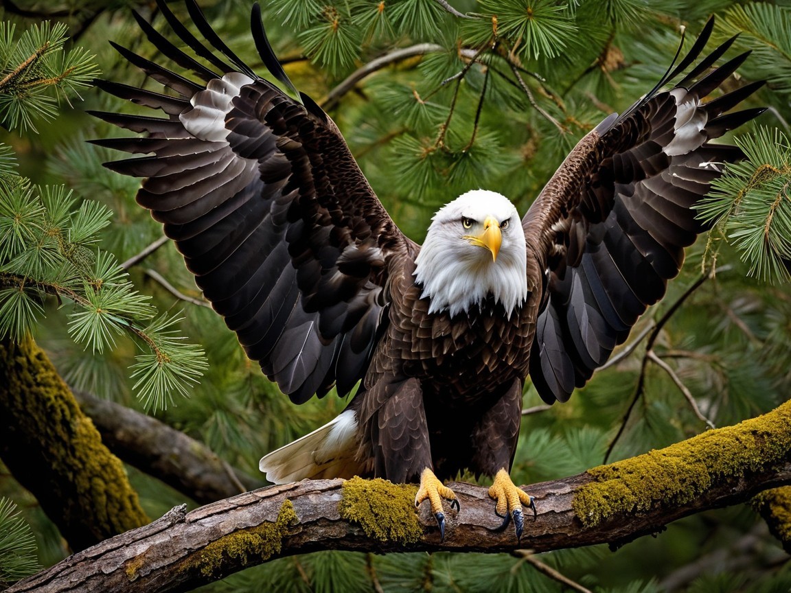 Bald Eagle on Moss-Covered Branch in Natural Setting