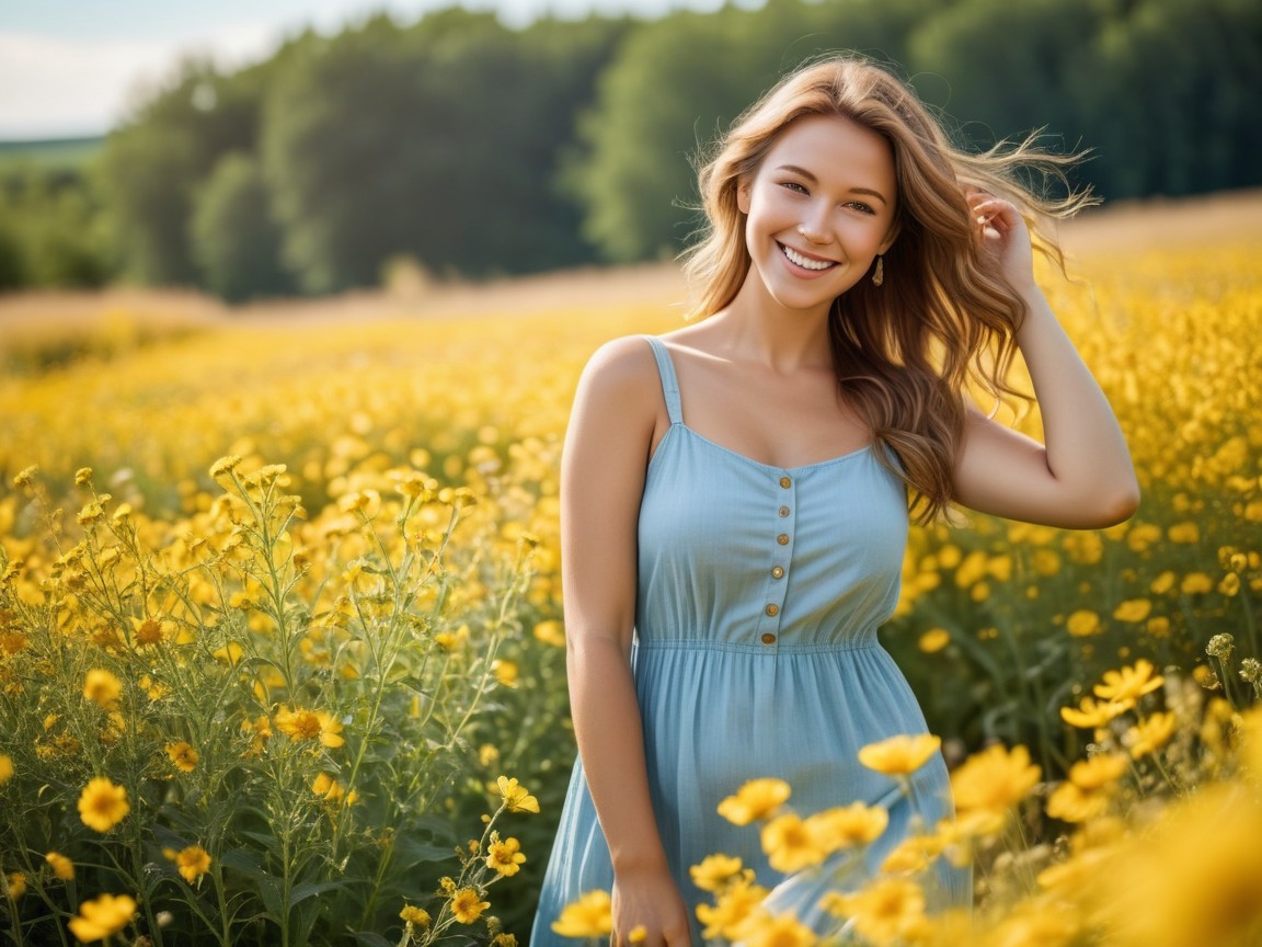 Young woman in a field of yellow flowers and greenery
