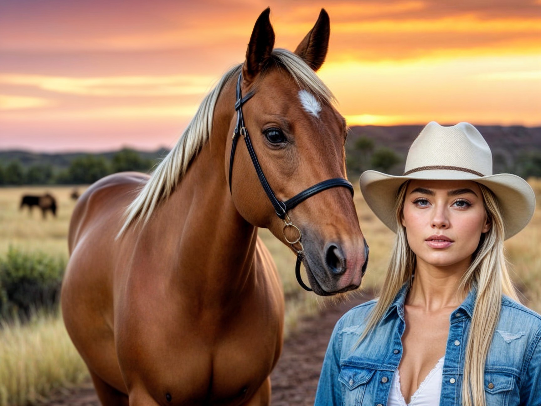 Blonde Woman and Chestnut Horse at Sunset Scene