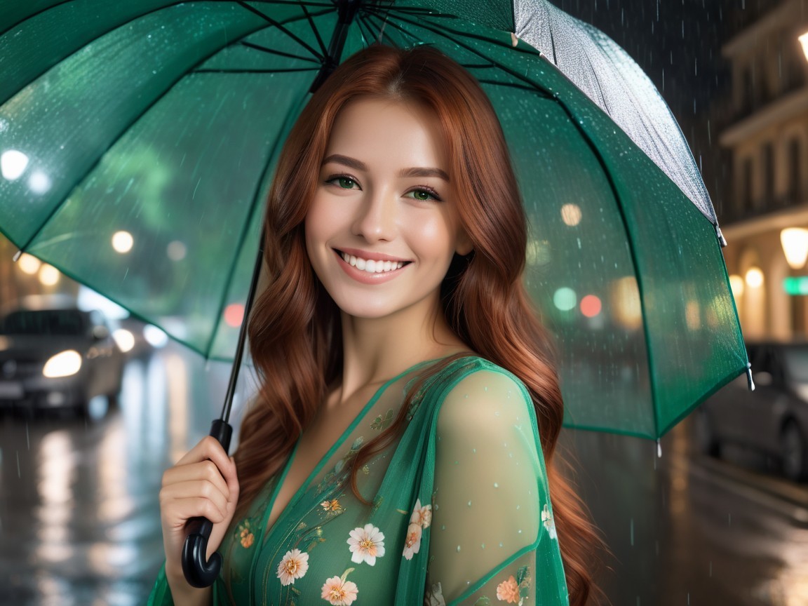 Young Woman Smiling Under Green Umbrella in Rain