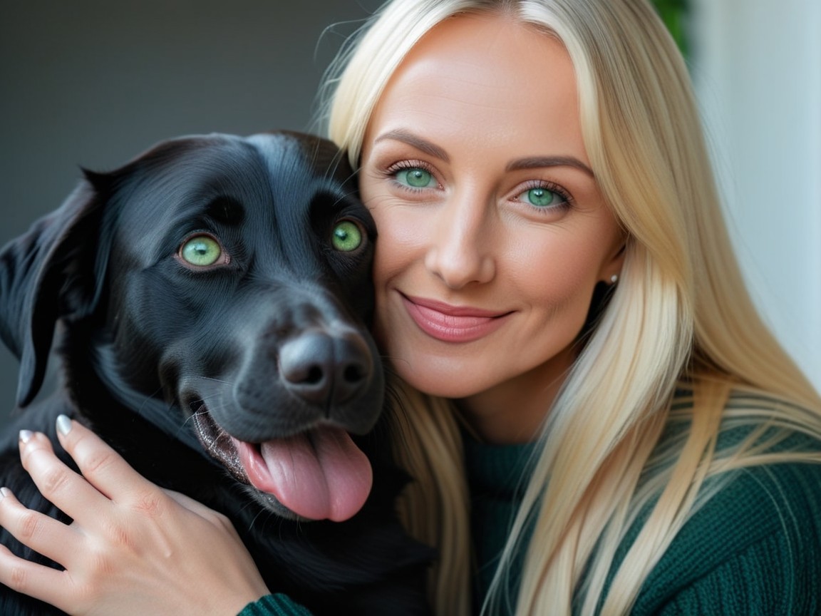 Cheerful woman and playful black dog indoors