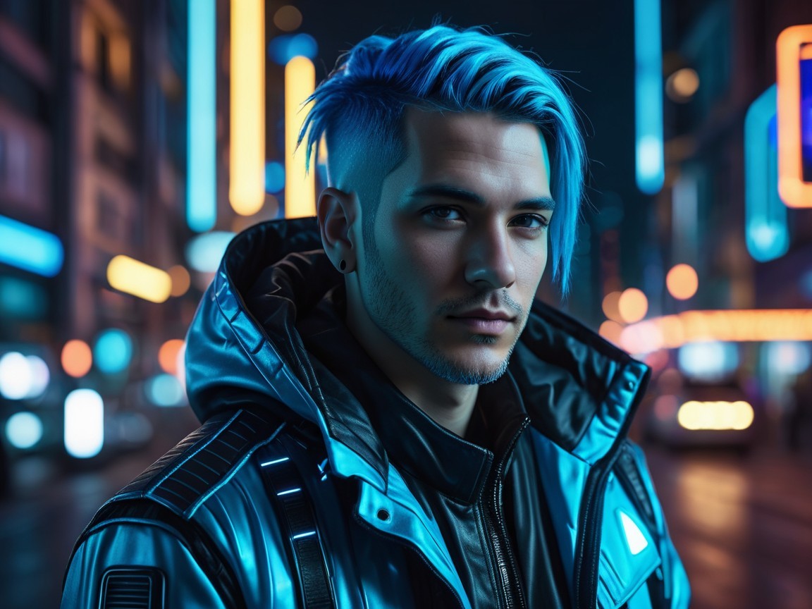 Young man with blue hair in futuristic cityscape