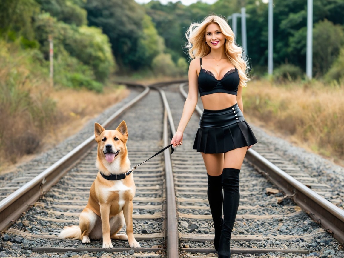 Woman Walking Tan Dog on Railway Tracks in Greenery