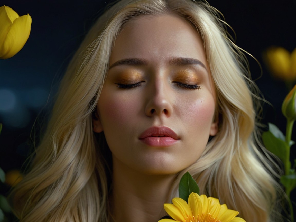 Portrait of a woman with blonde hair and sunflowers
