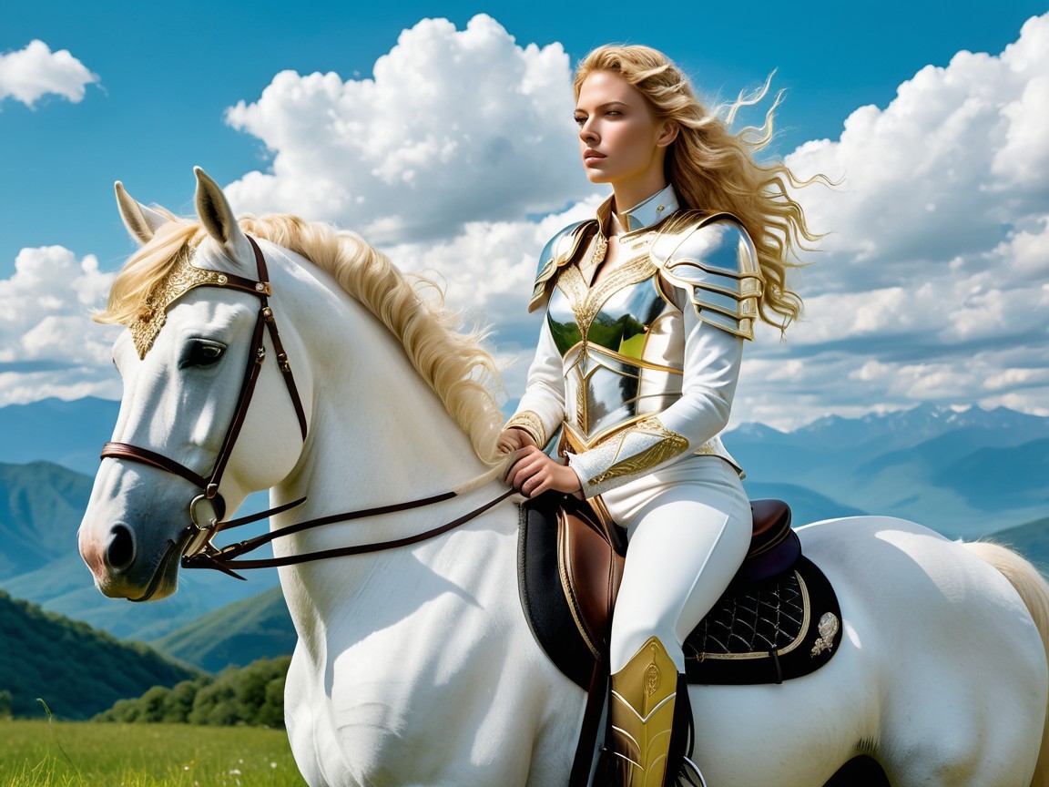 Regal figure on white horse in fantasy landscape