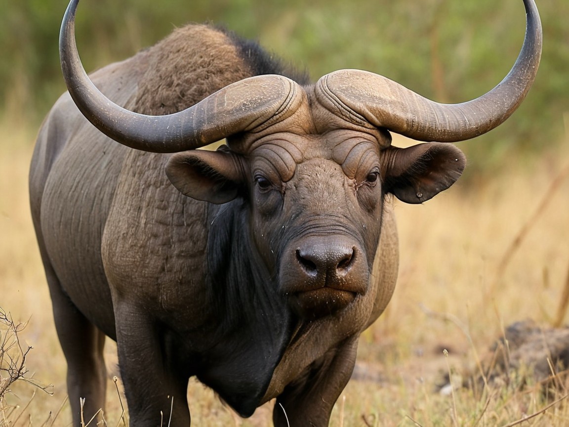 Close-Up of Majestic African Buffalo in Grassy Landscape