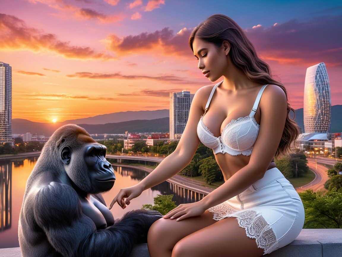 Sunset Over City Skyline with Woman and Gorilla Interaction