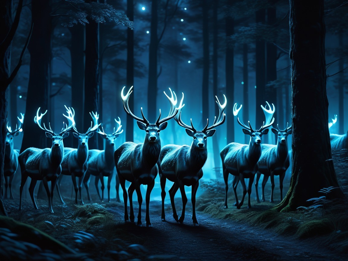 Majestic deer with luminous antlers in a blue forest