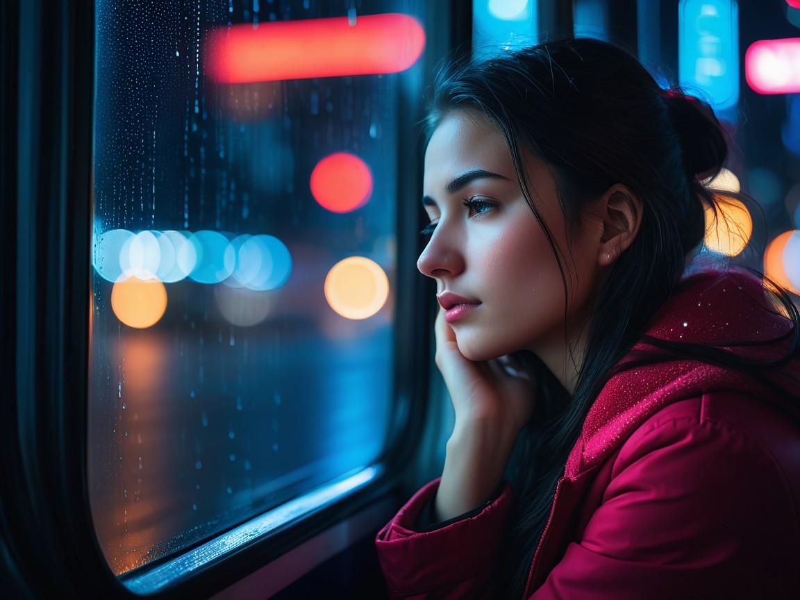 Young woman in contemplation on a bus during rain