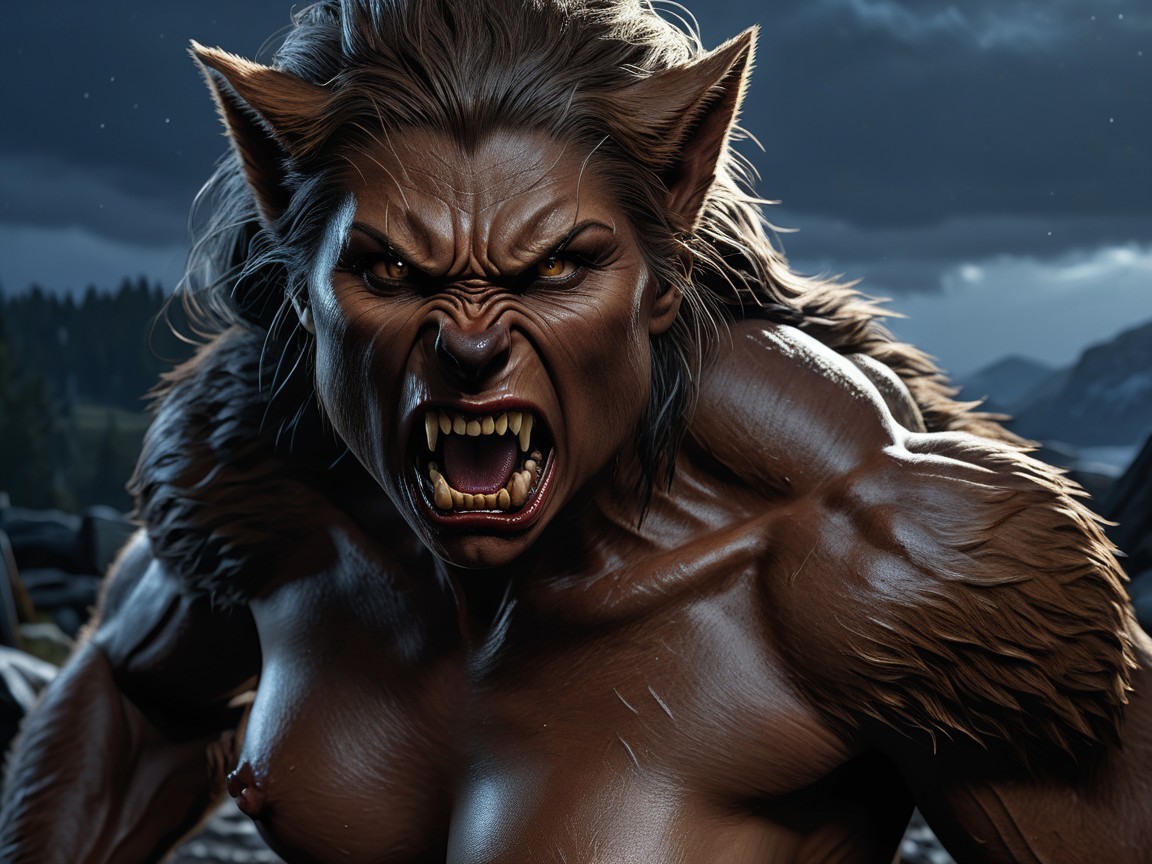 Humanoid Wolf Creature Against Stormy Sky