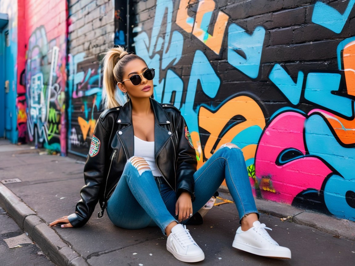 Stylish Woman in Leather Jacket Against Graffiti Wall